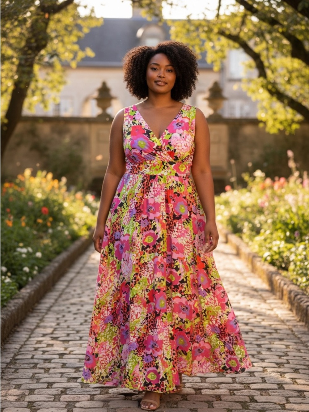 K Jordan Pink Floral Wrap Maxi Dress with Multicolor Blooms